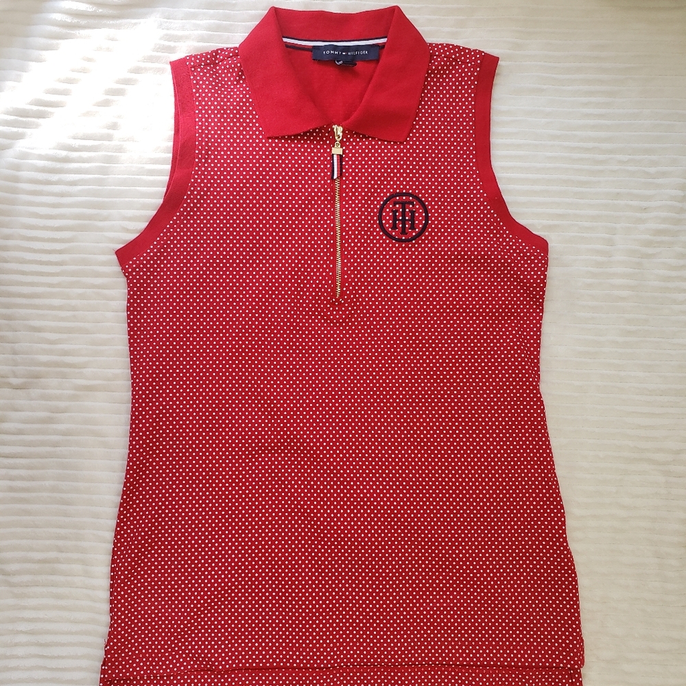 Tommy Hilfiger Womens Red White Polka-dot Polo Shirt Sleeveless 1/4 Zip XS NWOT